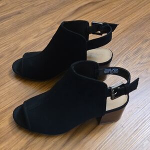LOFT Black Faux Suede Peep-Toe Mules